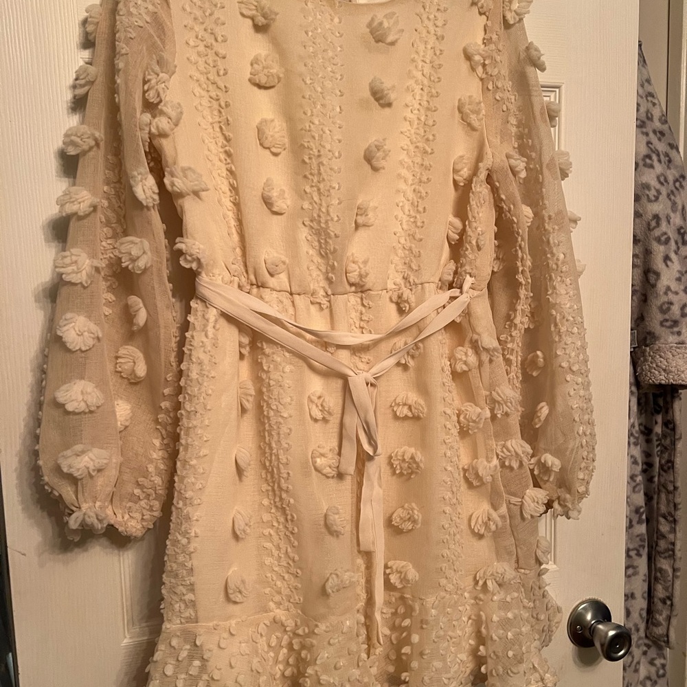 Cream Textured Long Sleeve Dress